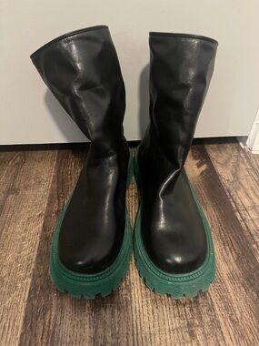 SHEIN Black Shaft Combat Boots with Green Lug Sole
